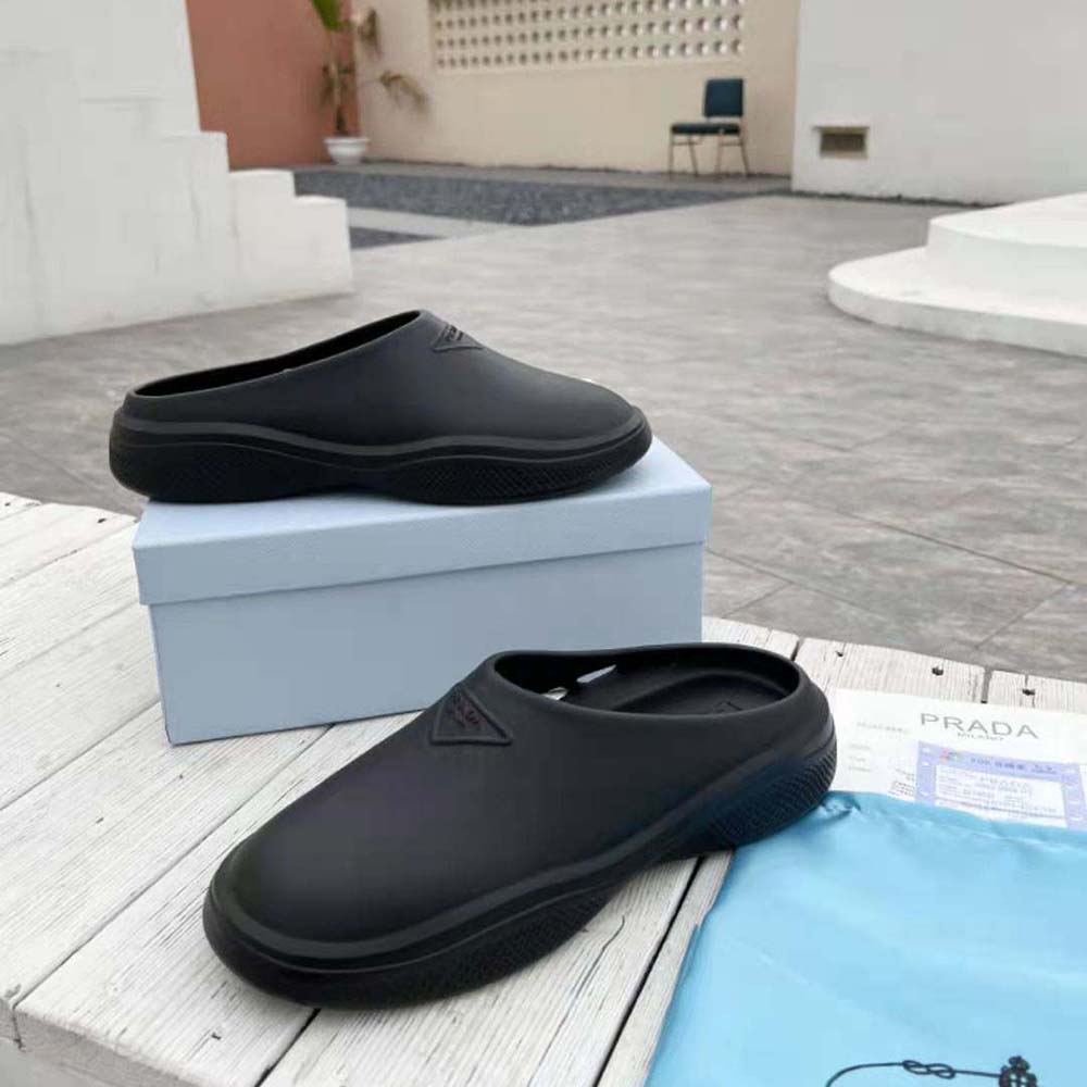 Prada Women Foam Rubber Mules With Embossed Rubber Triangle Logo-Black