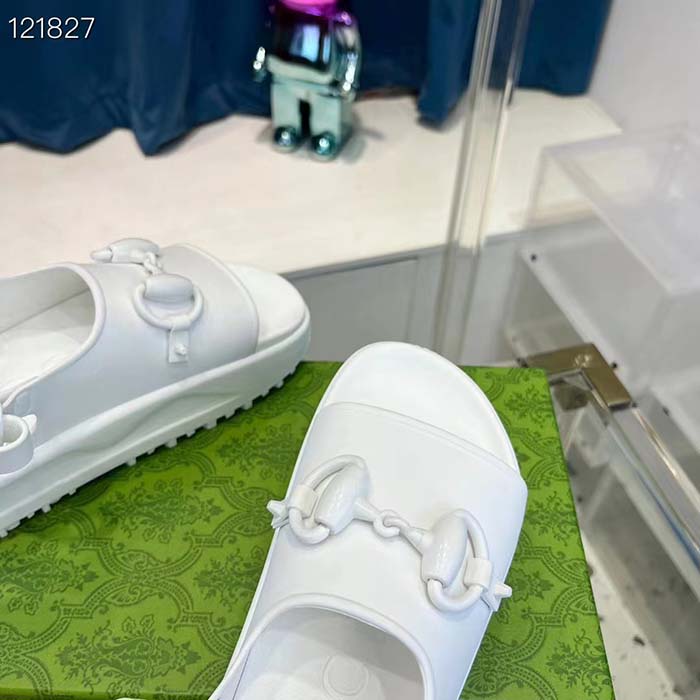 Gucci Women GG Horsebit Platform Sandal White Rubber Velcro Strap Closure