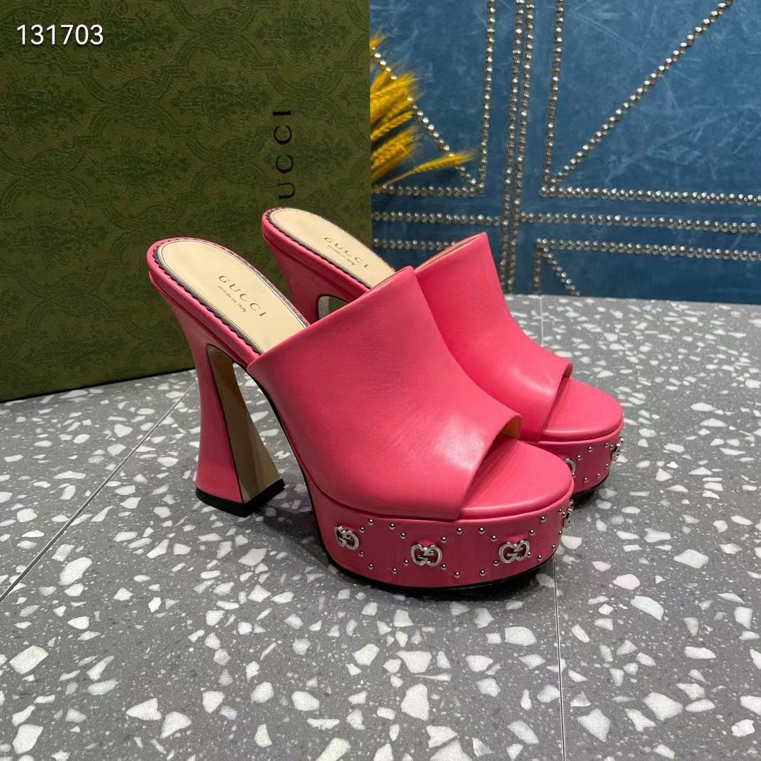 Gucci Women GG Platform Slide Sandal Pink Leather Spool High 11 Cm Heel