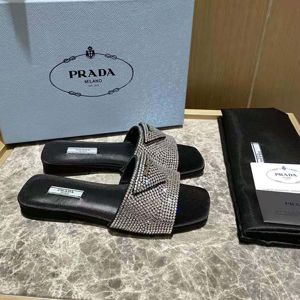 Prada Women Satin Slides with Crystals-Black