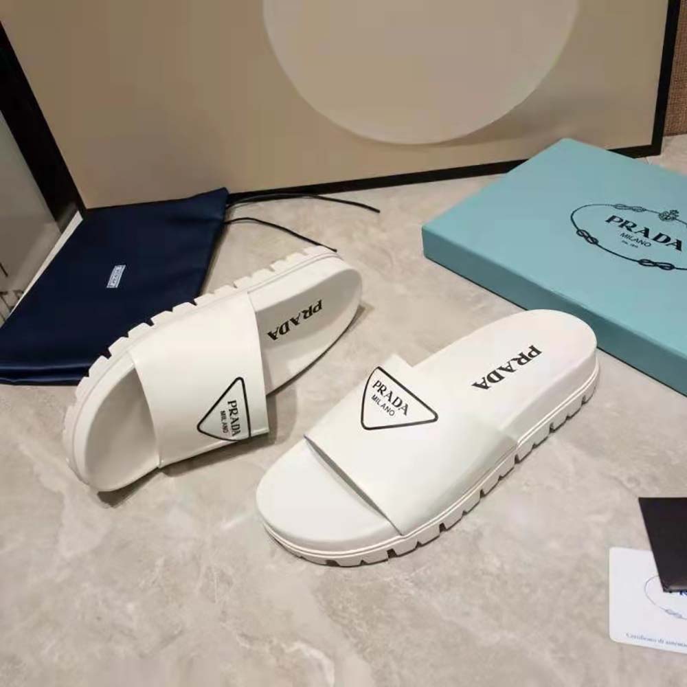 Prada Women Leather Slides in 20mm Heel-White