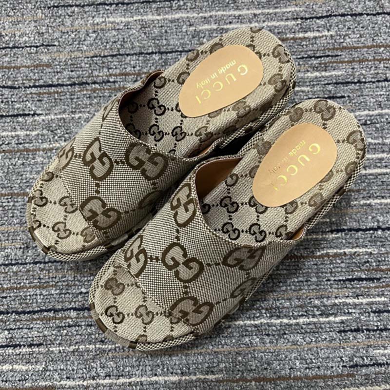 Gucci Women Platform Slide Sandal Camel Ebony Maxi GG Canvas High Heel 10 Cm