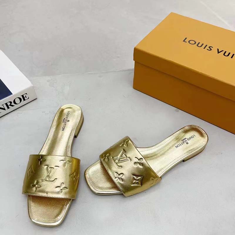 Louis Vuitton LV Women Revival Flat Mule Gold Monogram Embossed Metallic Lambskin