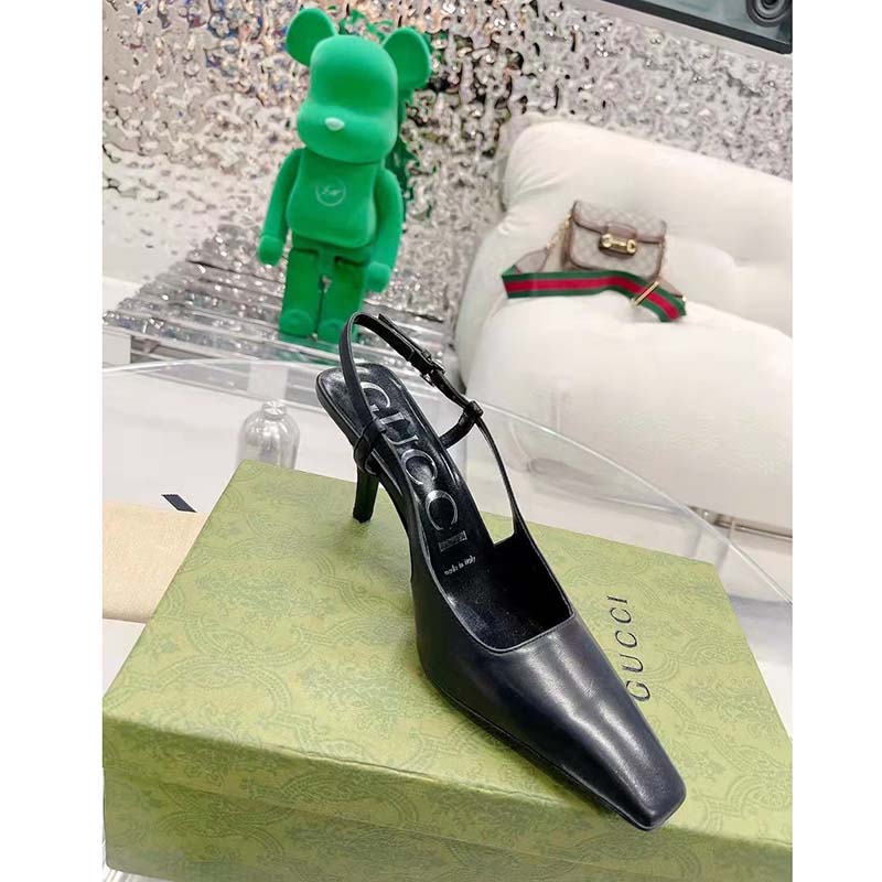 Gucci Women GG Slingback Pump Black Leather Back Ankle Buckle 8 cm Heel
