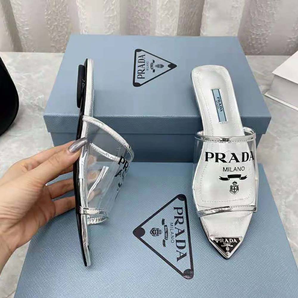 Prada Women Logo-Print Plexiglas Slides-Silver