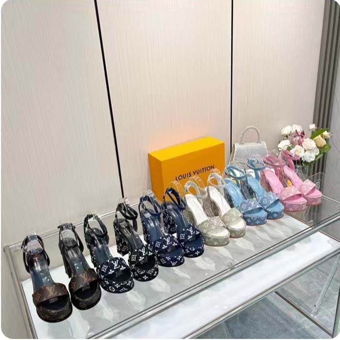 Louis Vuitton Women LV Fame Platform Sandal Navy Monogram Denim Leather 11.5 CM Heel