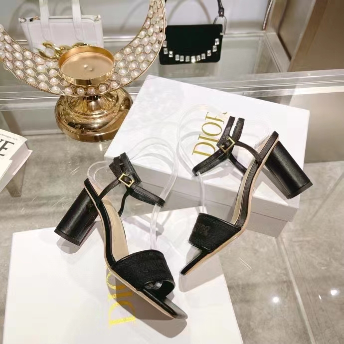 Dior Women CD Dway Heeled Sandal Black Embroidered Satin Lambskin 10 CM Heel