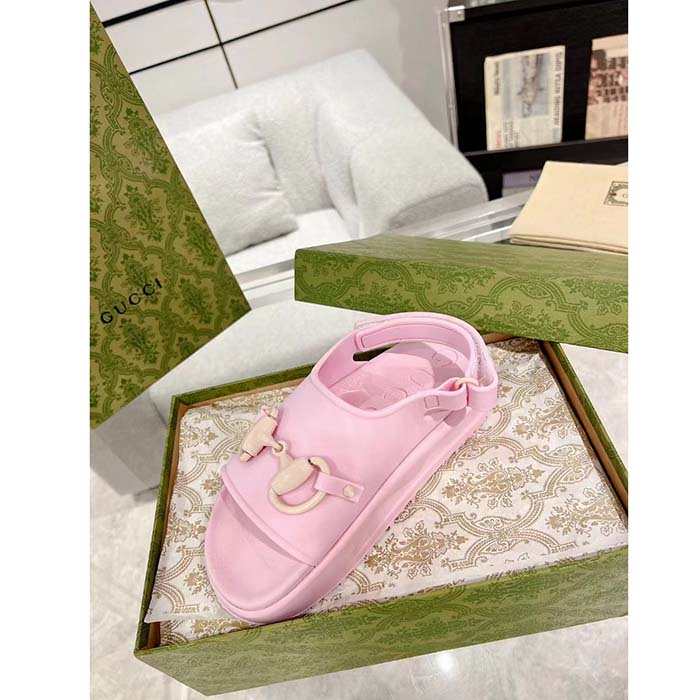 Gucci Women GG Horsebit Flatform Sandal Light Pink Rubber Plastic Horsebit