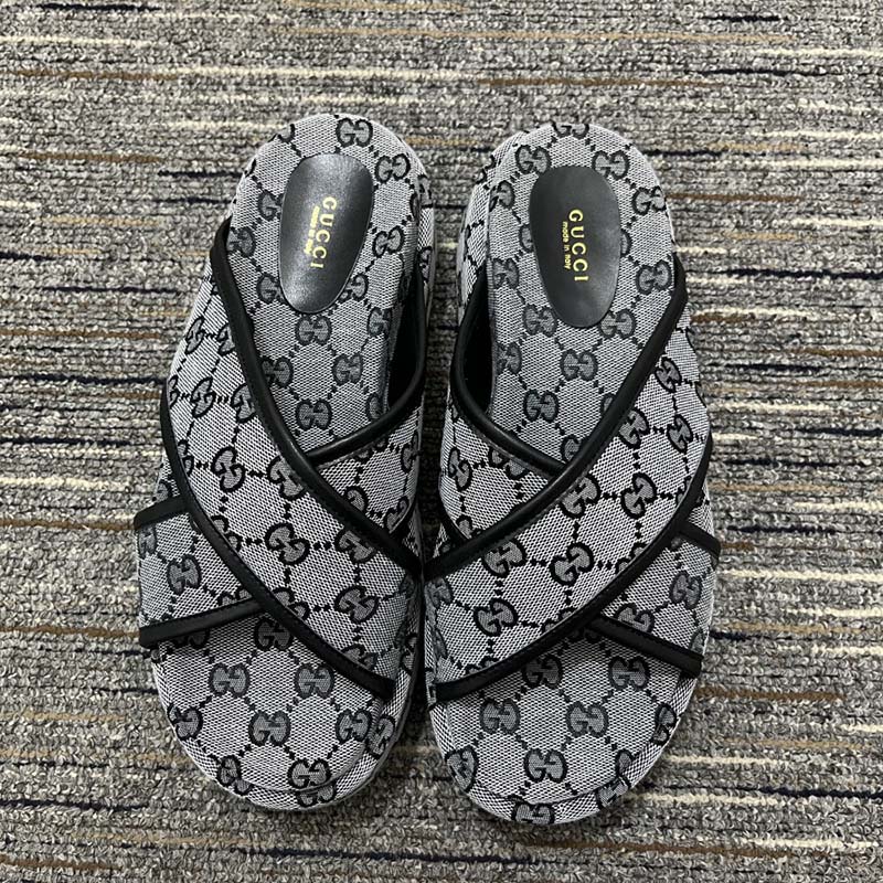 Gucci Women Platform Slide Sandal Beige Blue Original GG Canvas Rubber Sole Low Heel