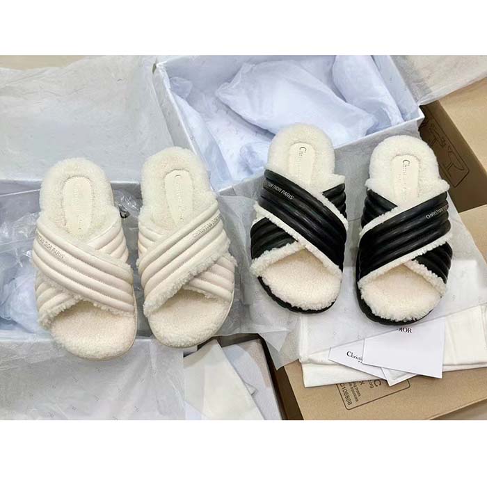 Dior Unisex CD D-Cross Slide Powder Beige Lambskin White Shearling