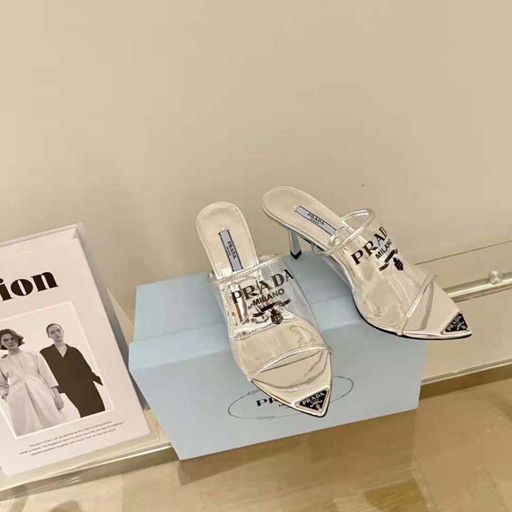 Prada Women Logo-print Plexiglas High-Heel Slides in 75mm Heel Height