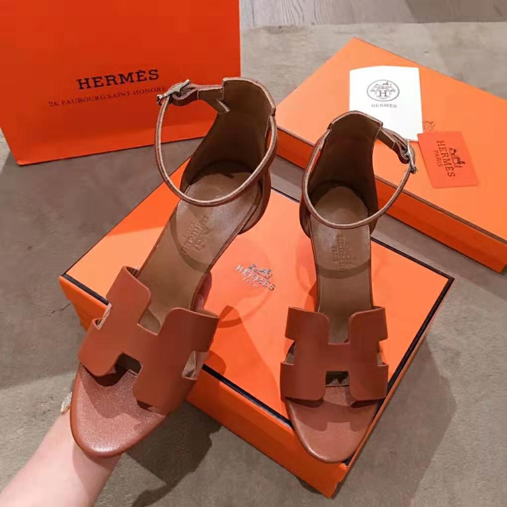 Hermes Women Legend Sandal Calfskin Iconic “H” 7.5 cm Heel-Brown
