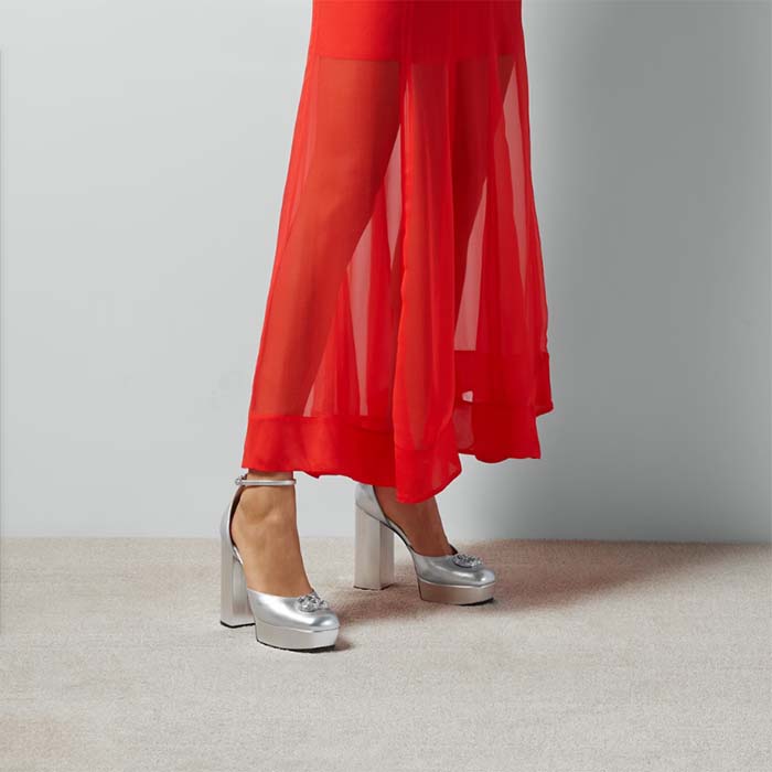 Gucci Women GG Platform Pump Double G Metallic Silver Patent Leather Crystals High Heel