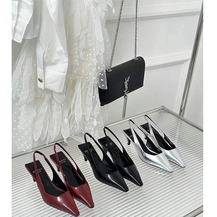 Gucci Women GG Slingback Pump Metallic Silver Leather Interlocking G Square Upper Mid-Heel