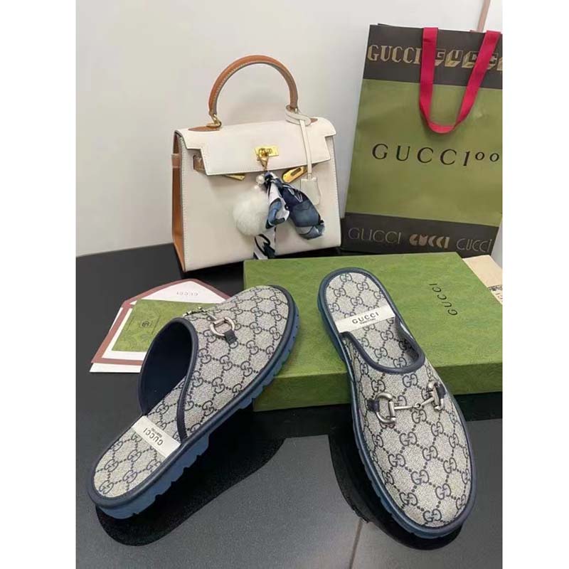 Gucci Unisex Slipper Blue Beige GG Supreme Canvas Rubber Sole Low 1 Cm Heel