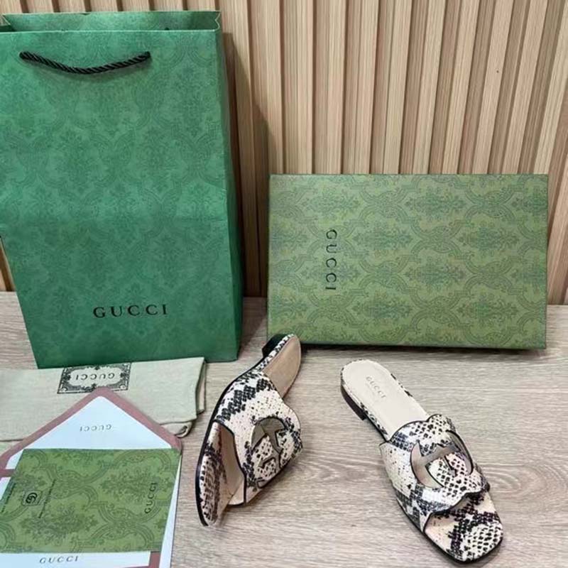 Gucci Women Interlocking G Cut Out Slide Sandal Beige Black Python Print Leather Flat