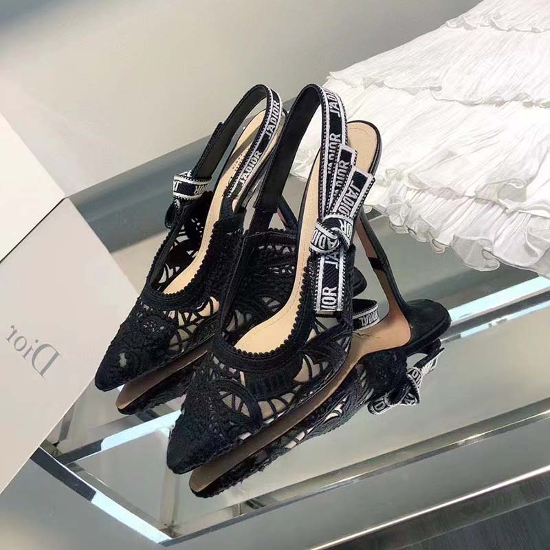 Dior Women CD J’Adior Slingback Pump Black Macramé Embroidered Cotton