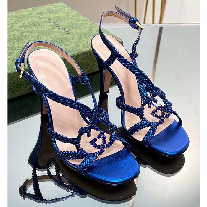 Gucci Women Crystal Interlocking G Sandal Blue Metallic Braided Leather High Heel