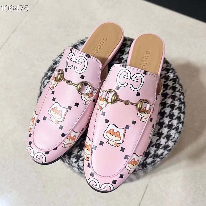 Gucci Women GG Animal Princetown Slipper Light Pink Leather Horsebit Flat