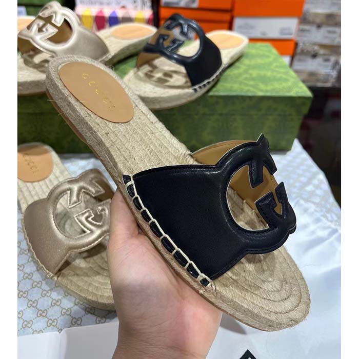 Gucci Unisex GG Interlocking G Cut-Out Slide Sandal Black Leather Low 3 CM Heel