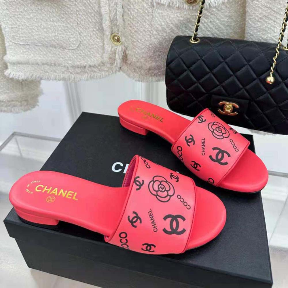 Chanel Women Mules Sandal Calfskin Leather Black Logo-Pink
