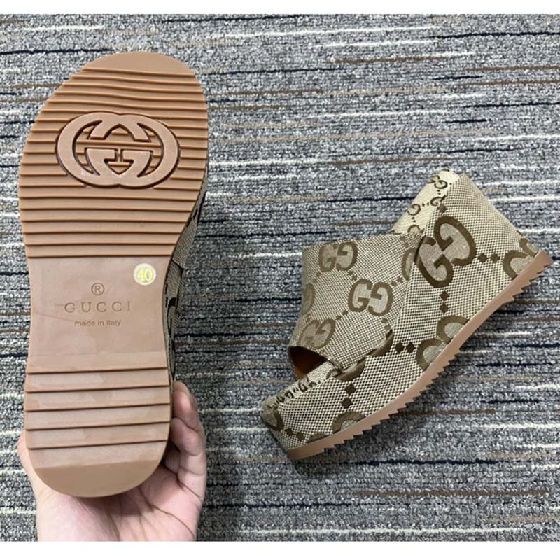 Gucci Women Platform Slide Sandal Camel Ebony Maxi GG Canvas High Heel 10 Cm