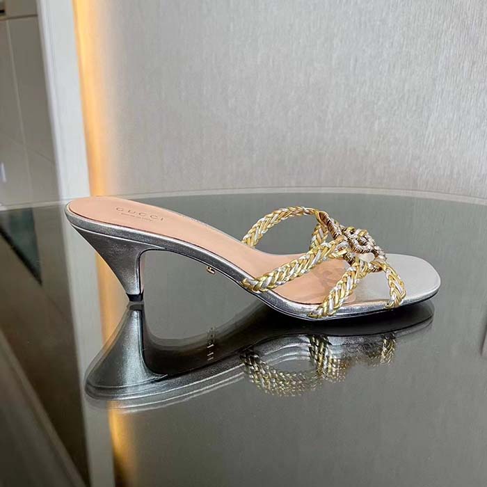 Gucci Women GG Nojum Slide Sandal Metallic Platinum Silver Braided Leather Mid-Heel