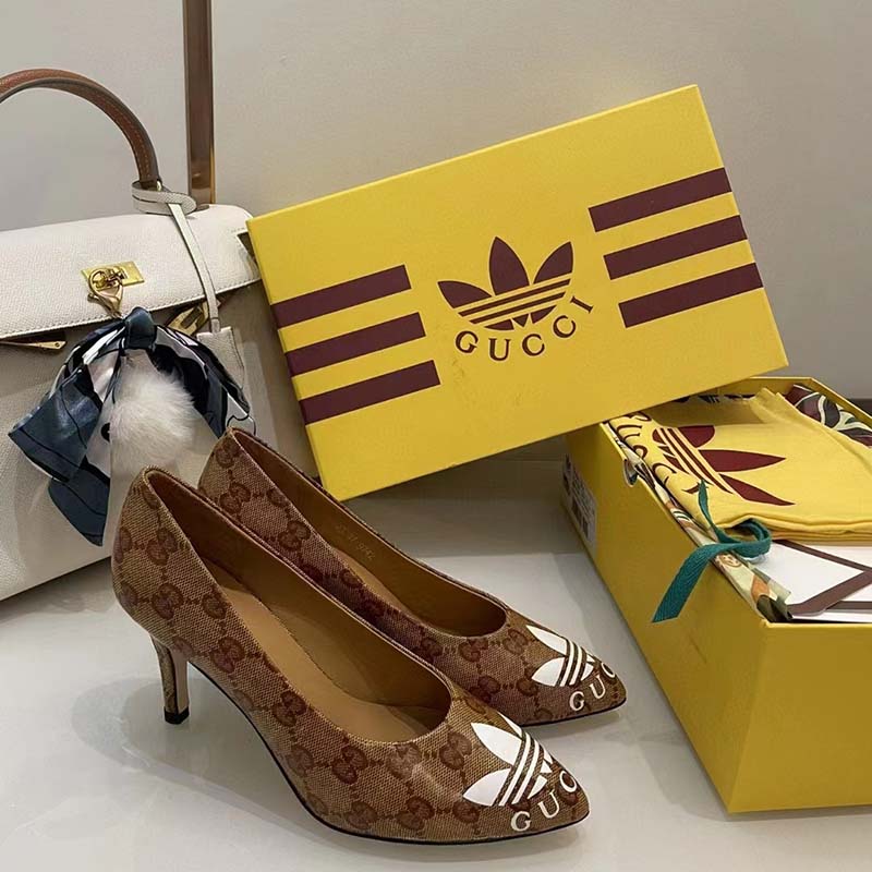 Gucci Women Adidas x Gucci GG Pump Beige Brown GG Crystal Canvas 9 Cm Heel