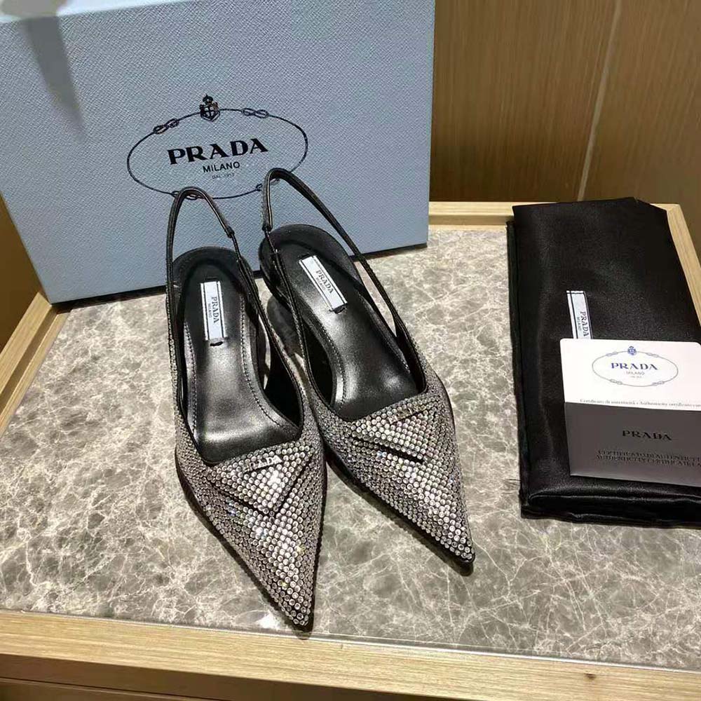 Prada Women Satin Sling-Back Pumps with Crystals-Black