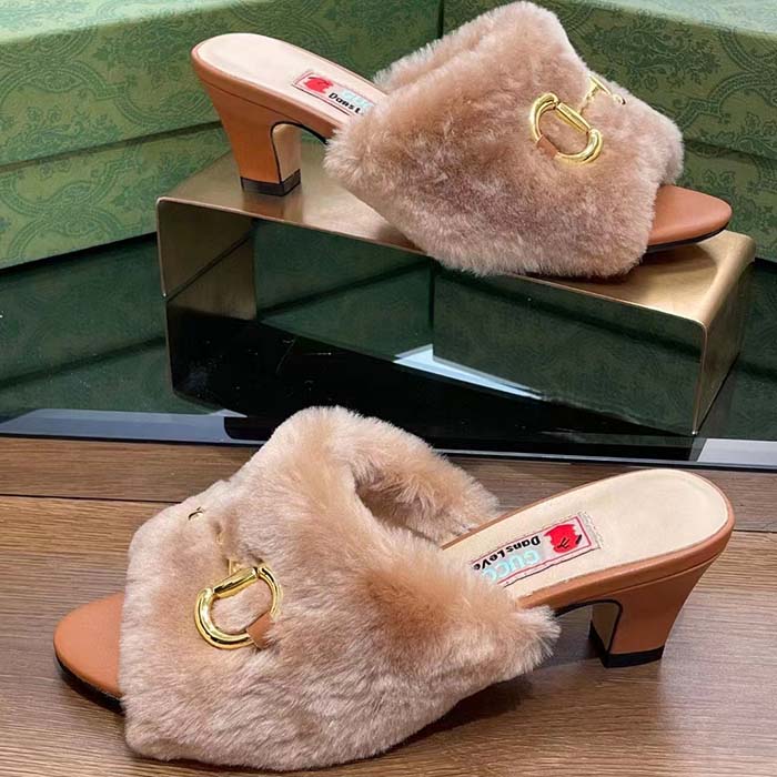 Gucci GG Women’s Mid-Heel Slide Sandal Brown Fabric Horsebit 5.6 Cm Heel