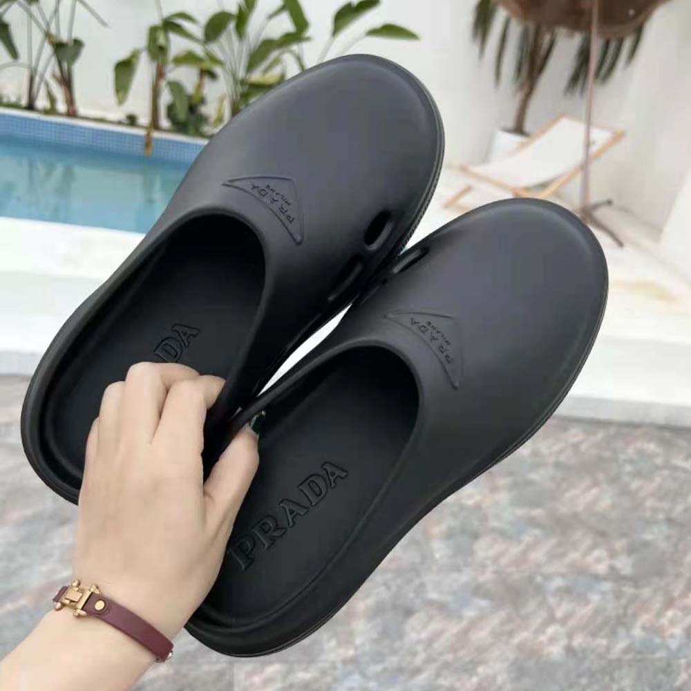 Prada Women Foam Rubber Mules With Embossed Rubber Triangle Logo-Black