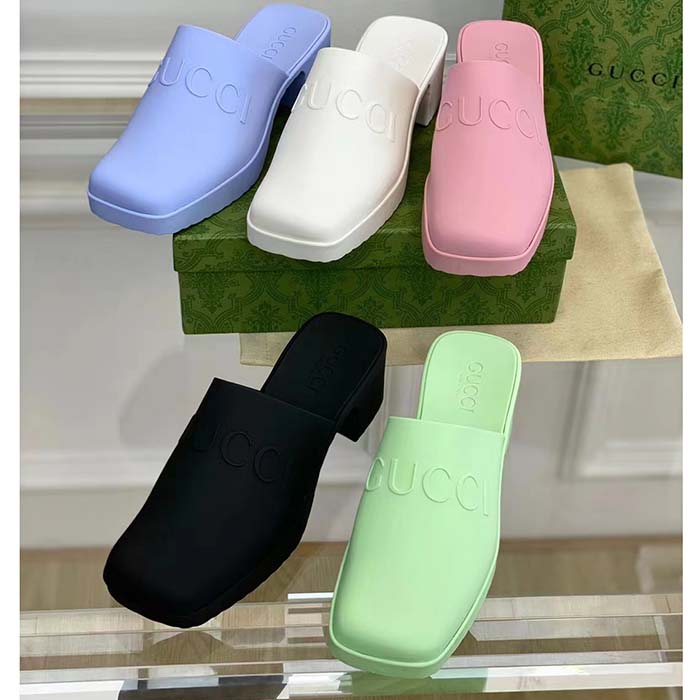 Gucci Women GG Slip-On Sandal Pastel Blue Rubber Embossed Logo Square Toe Chevron
