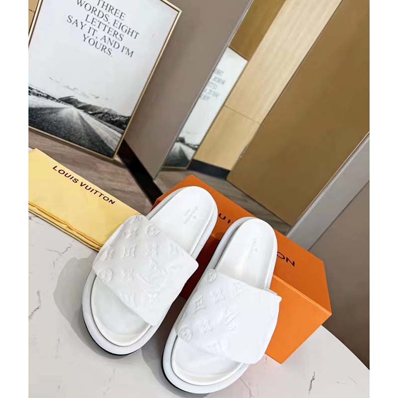 Louis Vuitton LV Unisex Pool Pillow Flat Comfort Mule White Monogram Embossed Lambskin