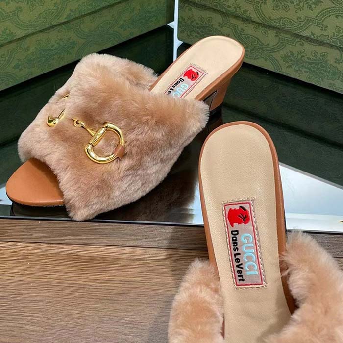 Gucci GG Women’s Mid-Heel Slide Sandal Brown Fabric Horsebit 5.6 Cm Heel