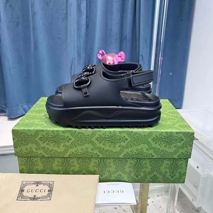 Gucci Women GG Horsebit Platform Sandal Black Rubber Velcro Strap Closure