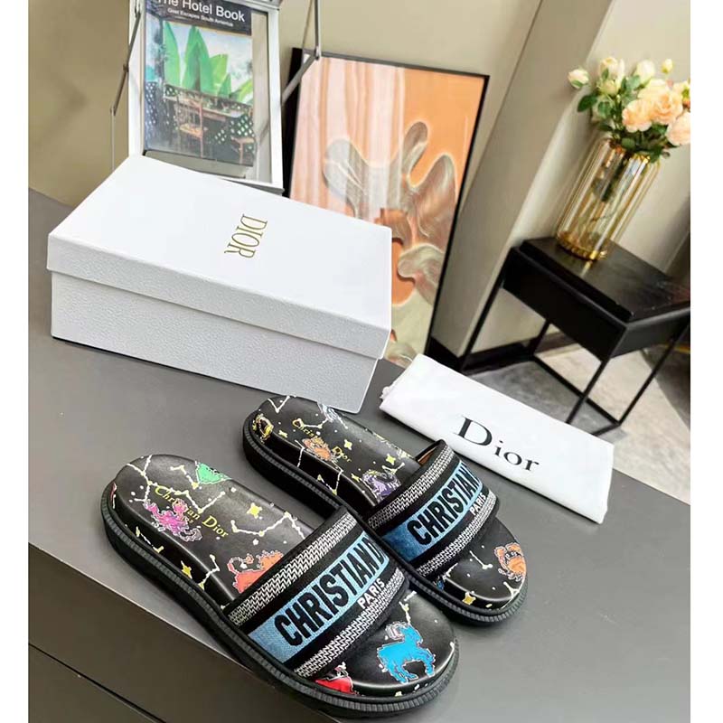 Dior Unisex Dway Slide Black Multicolor Embroidered Cotton Dior Pixel Zodiac Motif