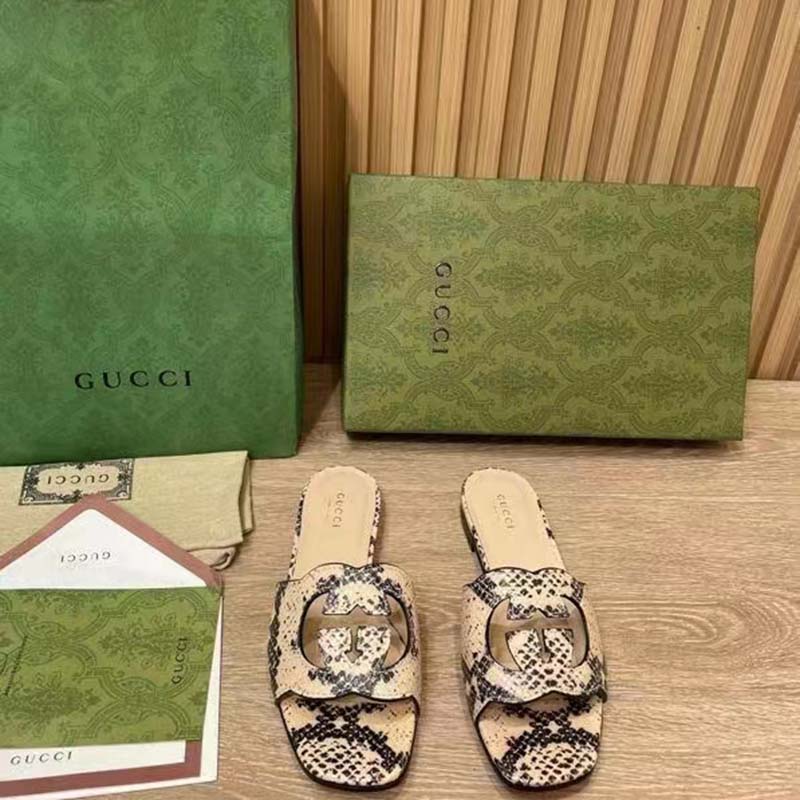 Gucci Women Interlocking G Cut Out Slide Sandal Beige Black Python Print Leather Flat