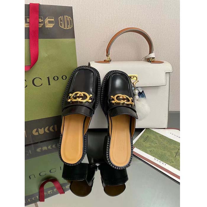 Gucci Unisex GG Slipper Interlocking G Black Leather Low 2.5 Cm Heel