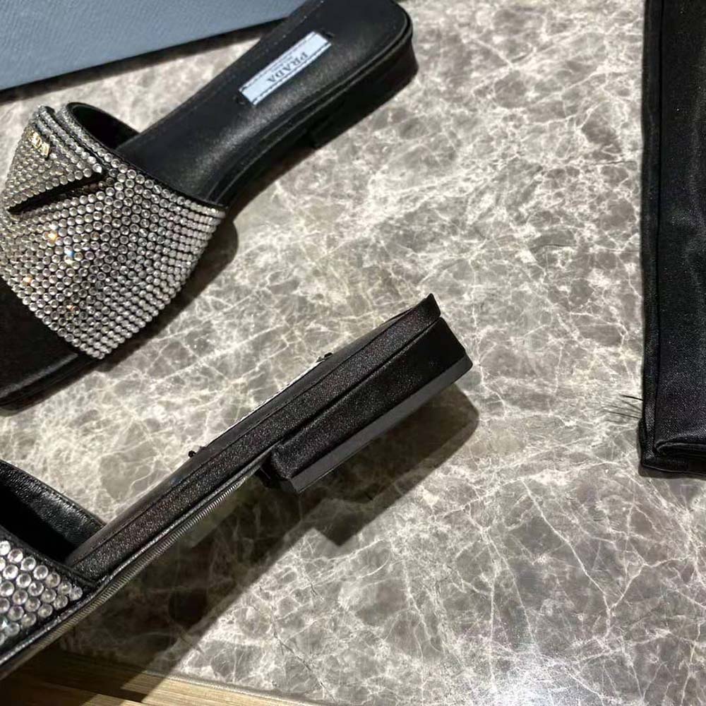 Prada Women Satin Slides with Crystals-Black