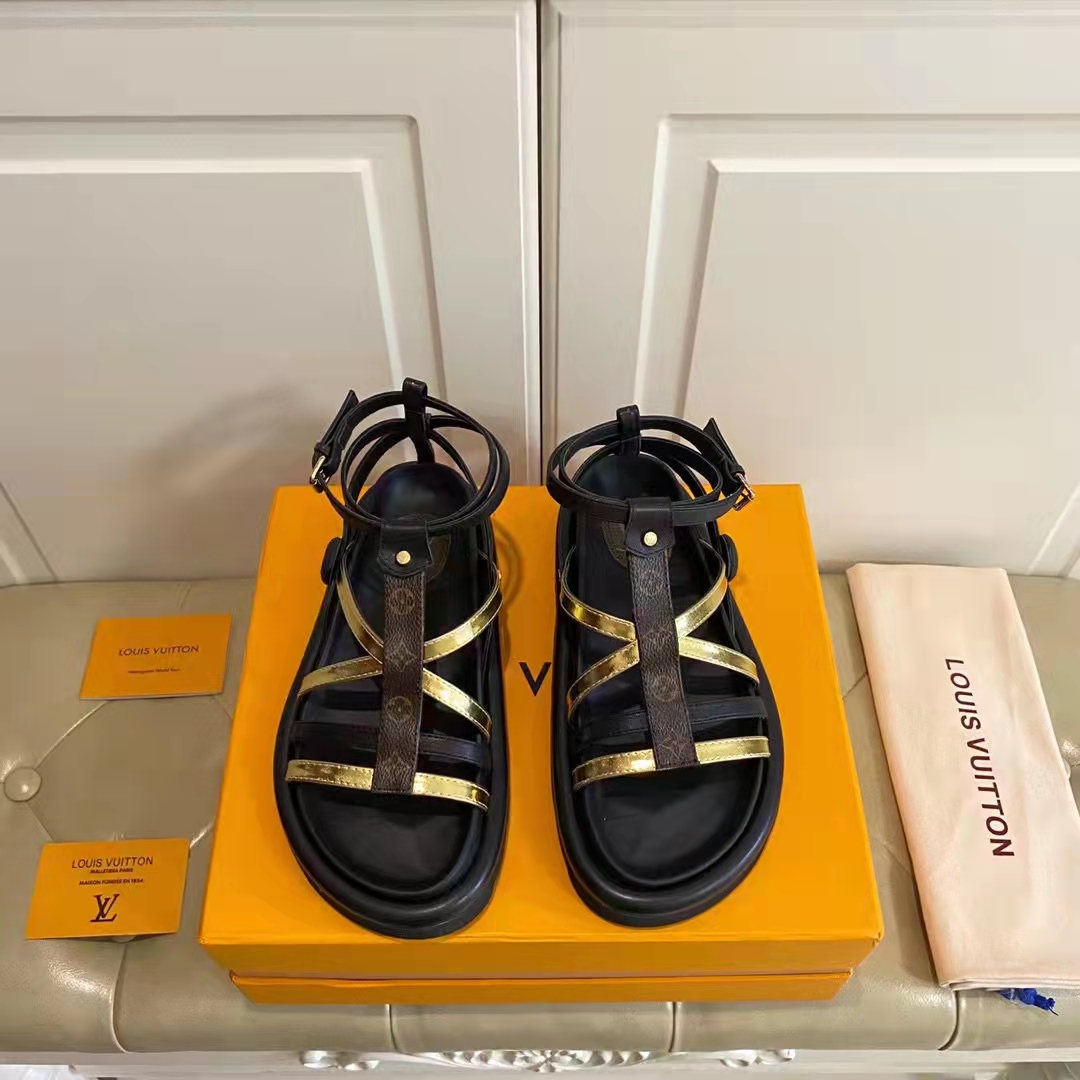 Louis Vuitton Women LV Pool Pillow Comfort Sandal Patent Metallic Calf Monogram Canvas