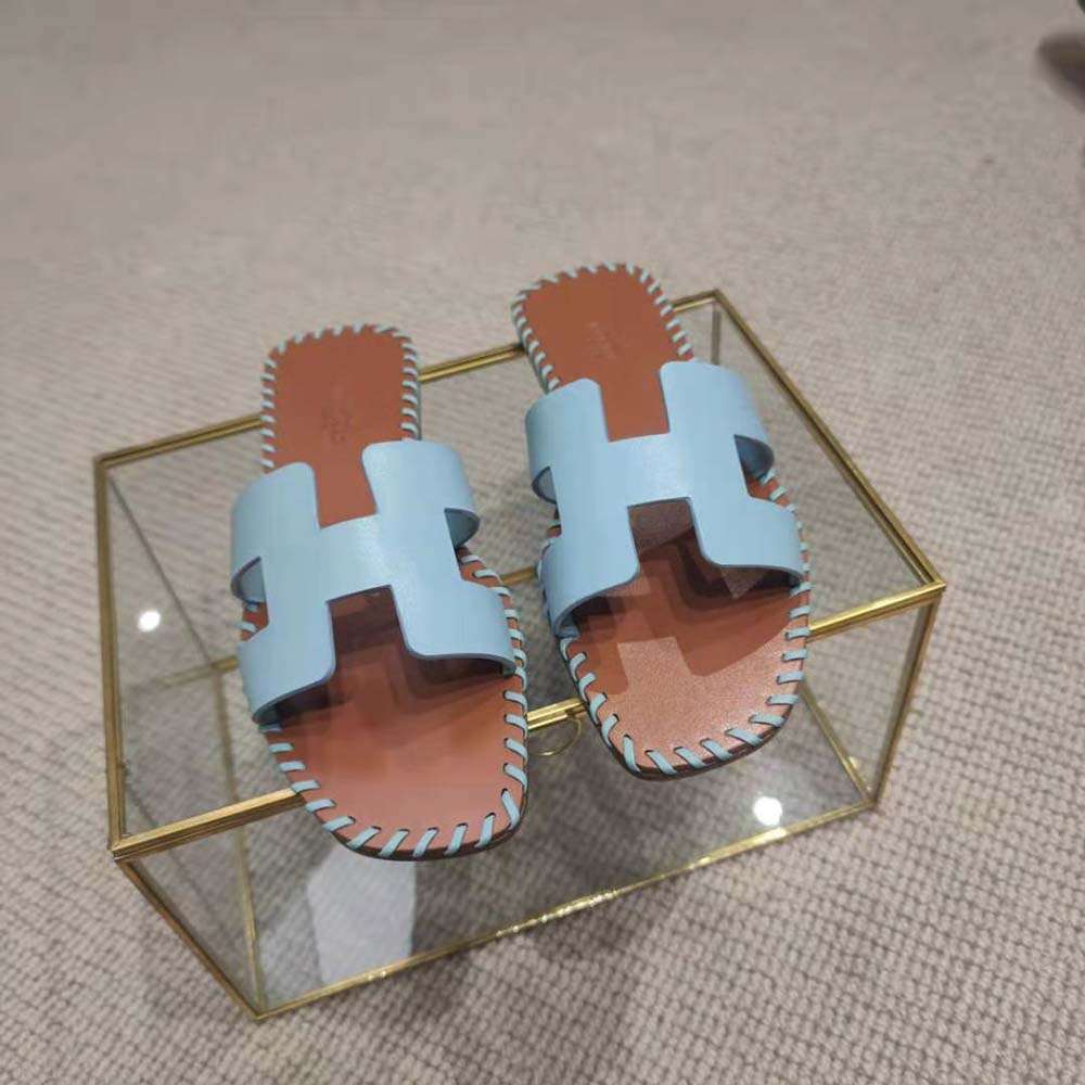 Hermes Women Oran Sandal in Braided Calfskin with Iconic H Cut-Out-Blue