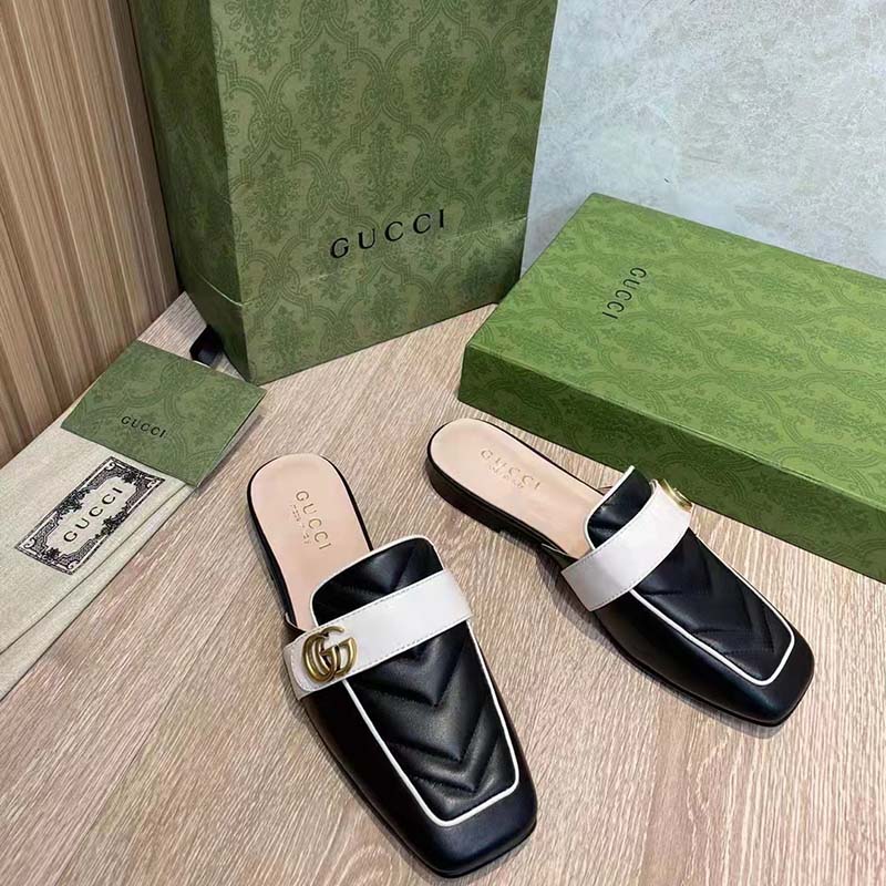 Gucci Women GG Slipper Double G Black Leather Matelassé Chevron Insert