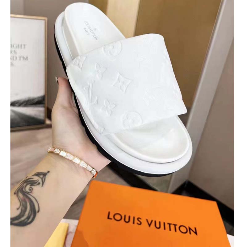 Louis Vuitton LV Unisex Pool Pillow Flat Comfort Mule White Monogram Embossed Lambskin