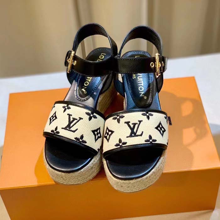 Louis Vuitton LV Women Starboard Wedge Sandal Black Monogram-Embroidered Cotton Rope Sole
