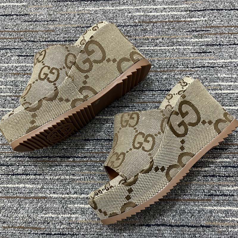 Gucci Women Platform Slide Sandal Camel Ebony Maxi GG Canvas High Heel 10 Cm