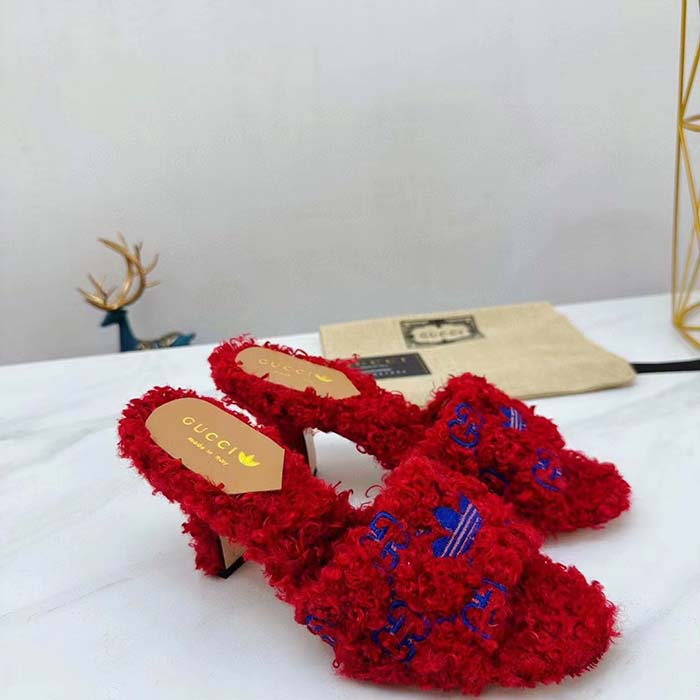 Gucci Women Adidas x Gucci Slide Sandal Red GG Trefoil Shearling-Effect Fabric