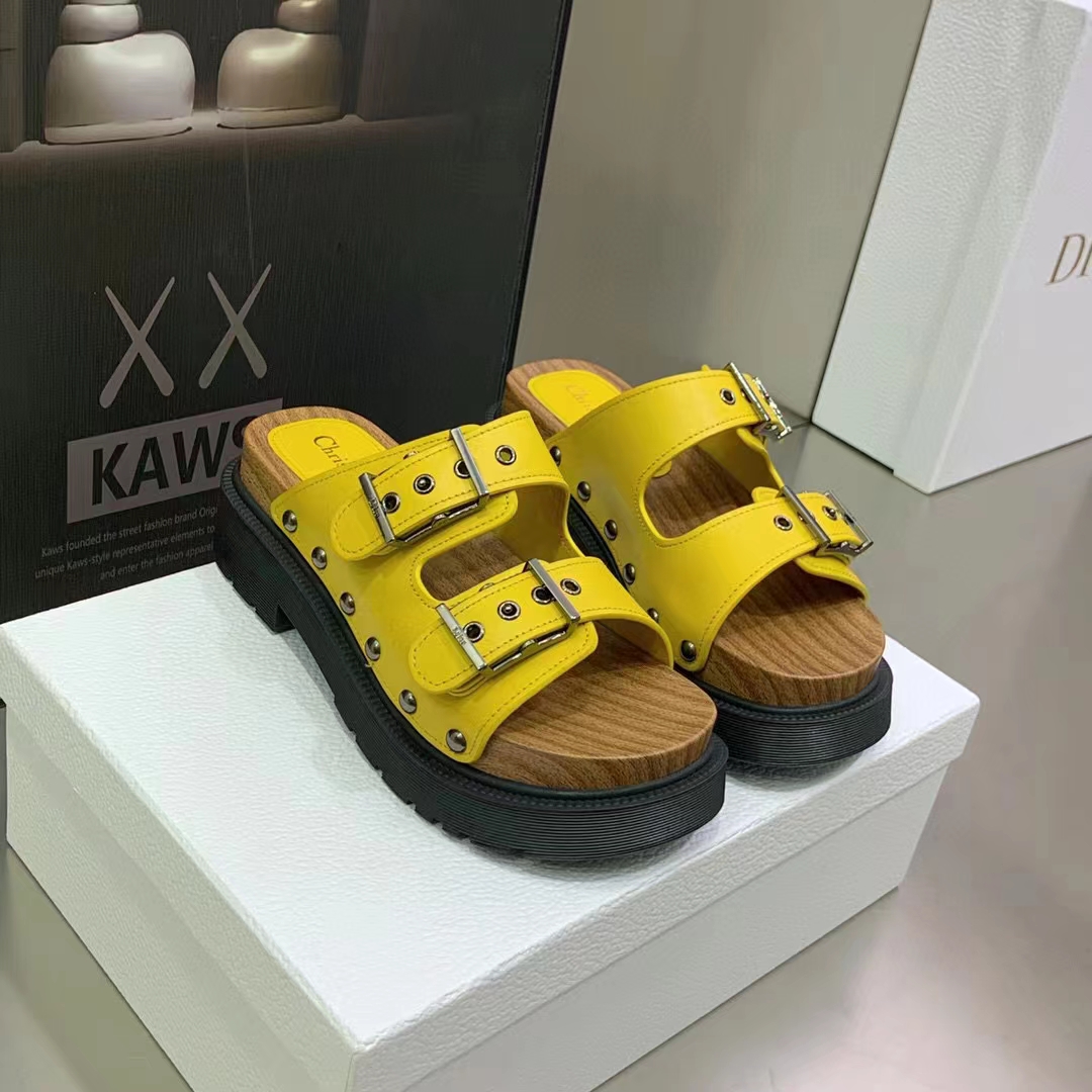 Dior Women Shoes CD Diorquake Strap Sandal Yellow Calfskin Wooden Insole