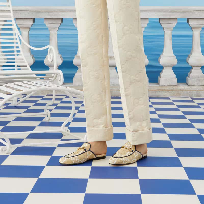 Gucci Women Maxi GG Princetown Slipper Beige White GG Raffia Effect Fabric Flat