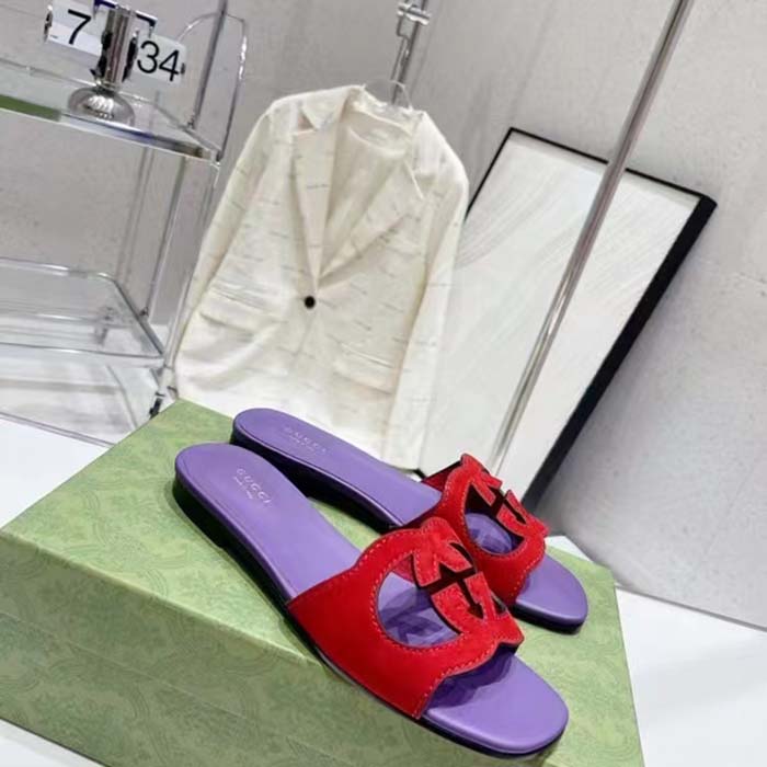 Gucci Unisex Interlocking G Cut-Out Slide Sandal Red Purple Suede Flat