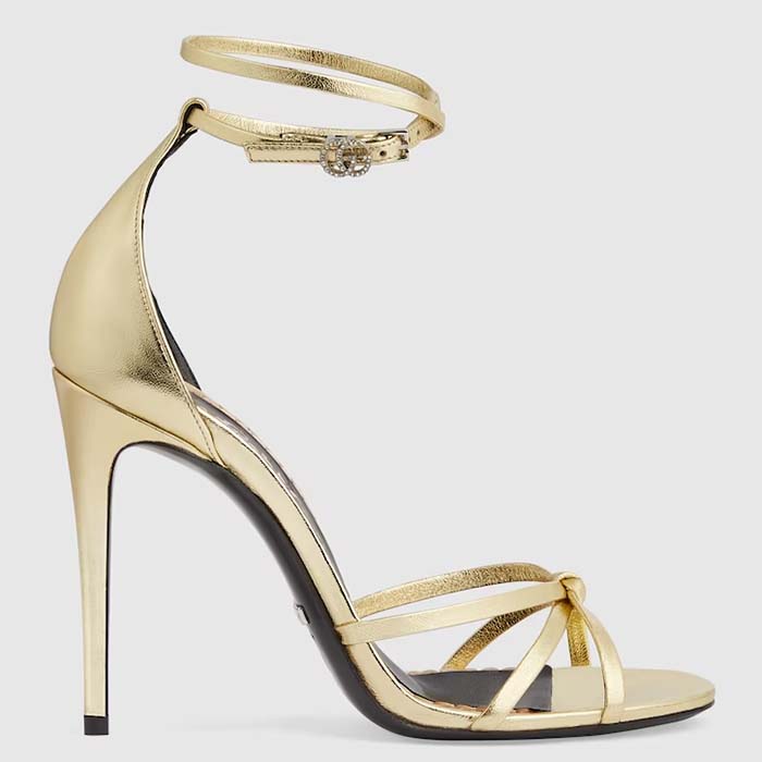 Gucci Women GG Strappy Sandal Double G Metallic Platinum Leather Crystal High 11 CM Heel